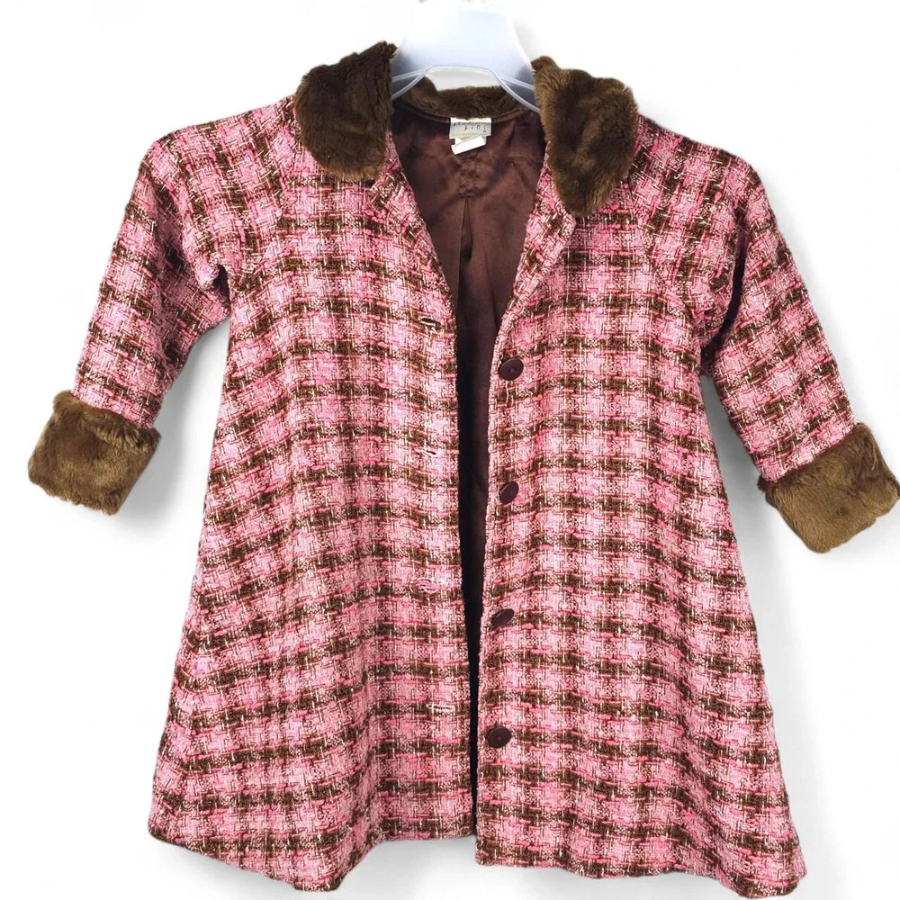 Studio Bini Vintage Girls 4T Pink Tweed Faux Fur Coat Jacket Brown USA